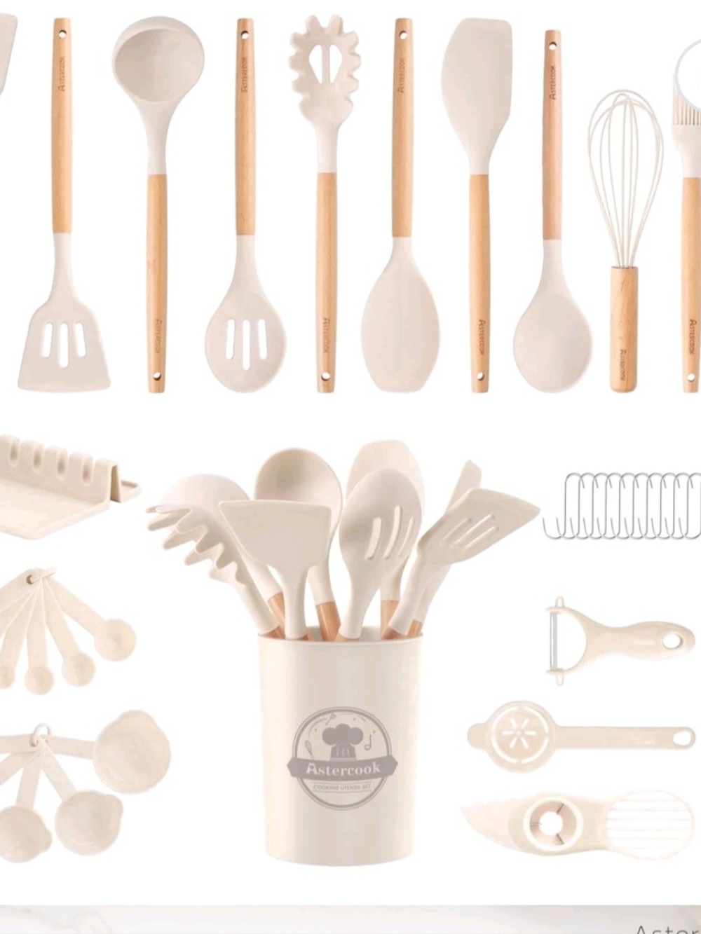 Astercook 38 Cream Kitchen Utensil Set with Wooden Handles